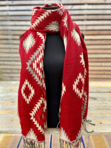 Aztec motifs-1 boho shawl (reversible in red and tan patterns)