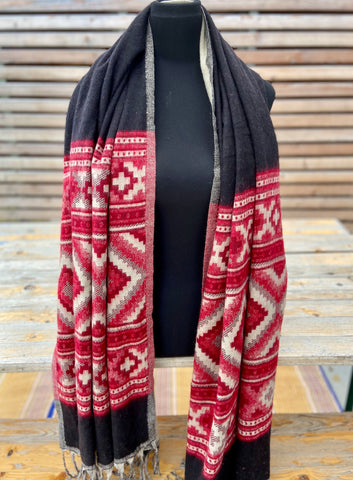 Aztec border boho shawl (reversible in black and tan colors with red pattern)