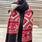 Aztec border boho shawl (reversible in black and tan colors with red pattern)